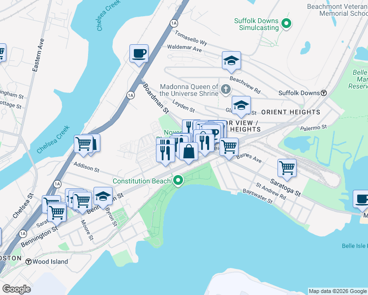 map of restaurants, bars, coffee shops, grocery stores, and more near 944-946 Saratoga Street in Boston
