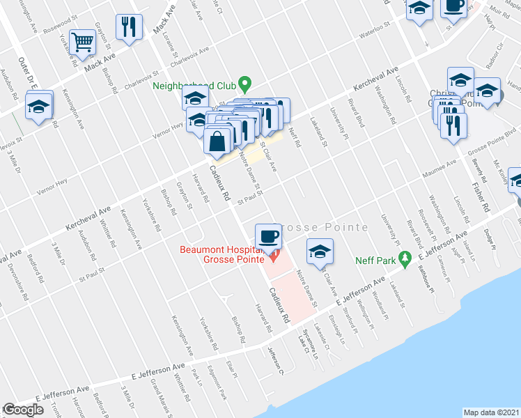 map of restaurants, bars, coffee shops, grocery stores, and more near 23 Village Lane in Grosse Pointe Park