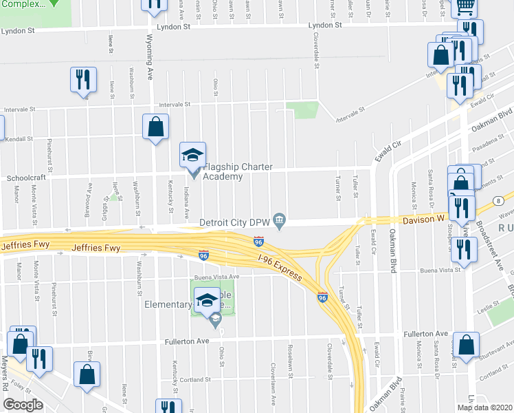 map of restaurants, bars, coffee shops, grocery stores, and more near 13546 Northlawn Street in Detroit