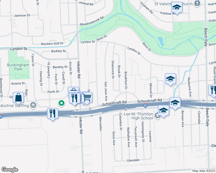 map of restaurants, bars, coffee shops, grocery stores, and more near 14058 San Jose Avenue in Wayne County