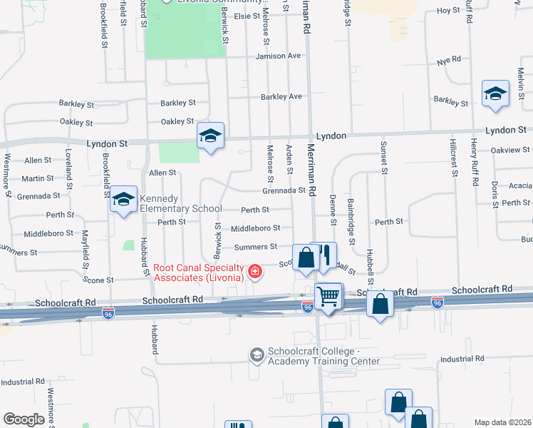 map of restaurants, bars, coffee shops, grocery stores, and more near 31617 Perth Street in Livonia