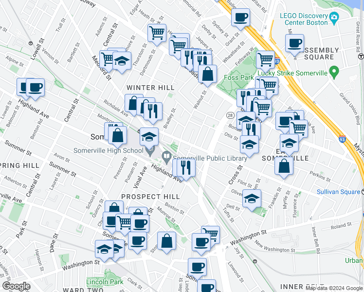 map of restaurants, bars, coffee shops, grocery stores, and more near 109 Walnut Street in Somerville