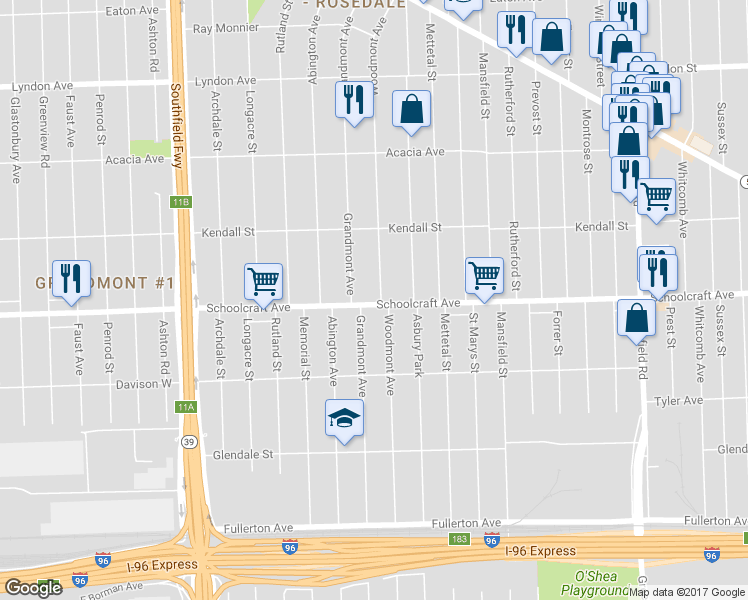 map of restaurants, bars, coffee shops, grocery stores, and more near 13901 Woodmont Avenue in Detroit