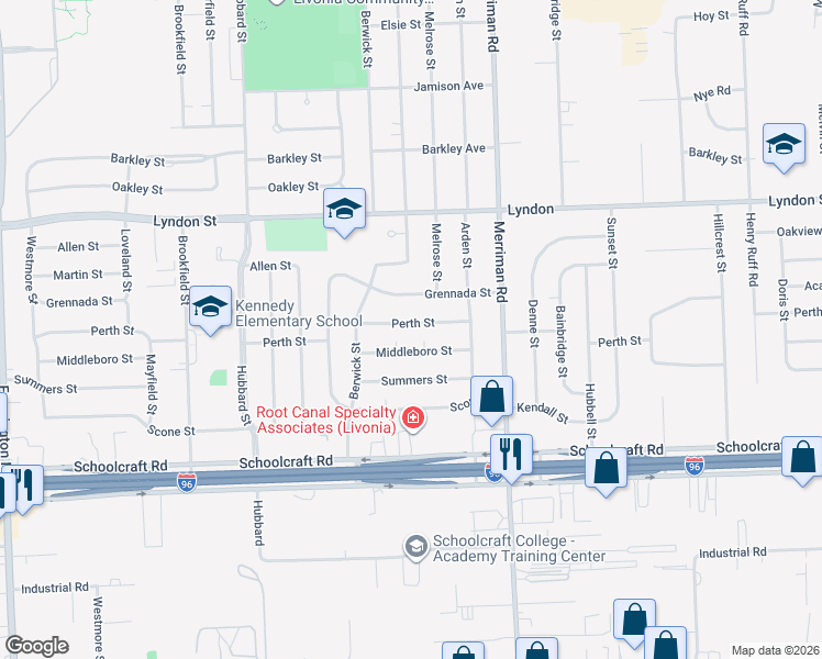 map of restaurants, bars, coffee shops, grocery stores, and more near 31617 Perth Street in Livonia