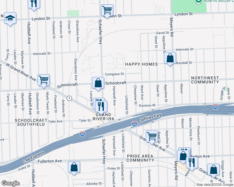 map of restaurants, bars, coffee shops, grocery stores, and more near 13410 Hartwell Street in Detroit