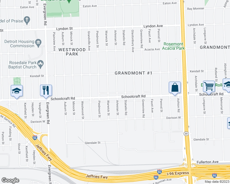 map of restaurants, bars, coffee shops, grocery stores, and more near 13929 Artesian Street in Detroit