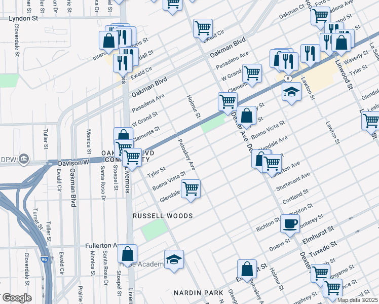 map of restaurants, bars, coffee shops, grocery stores, and more near 4096 Tyler Street in Detroit