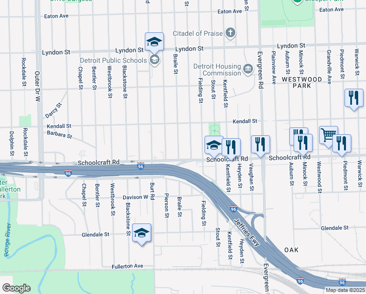 map of restaurants, bars, coffee shops, grocery stores, and more near 13952 Braile Street in Detroit