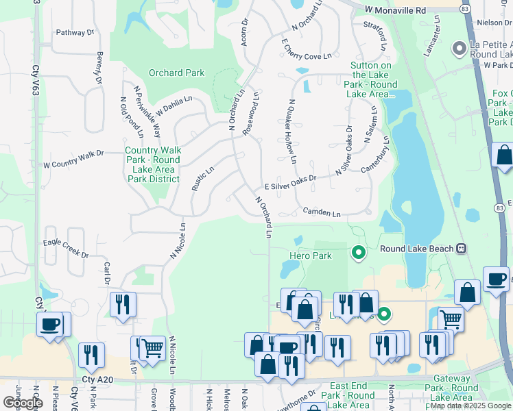 map of restaurants, bars, coffee shops, grocery stores, and more near 2152 North Orchard Lane in Round Lake Beach