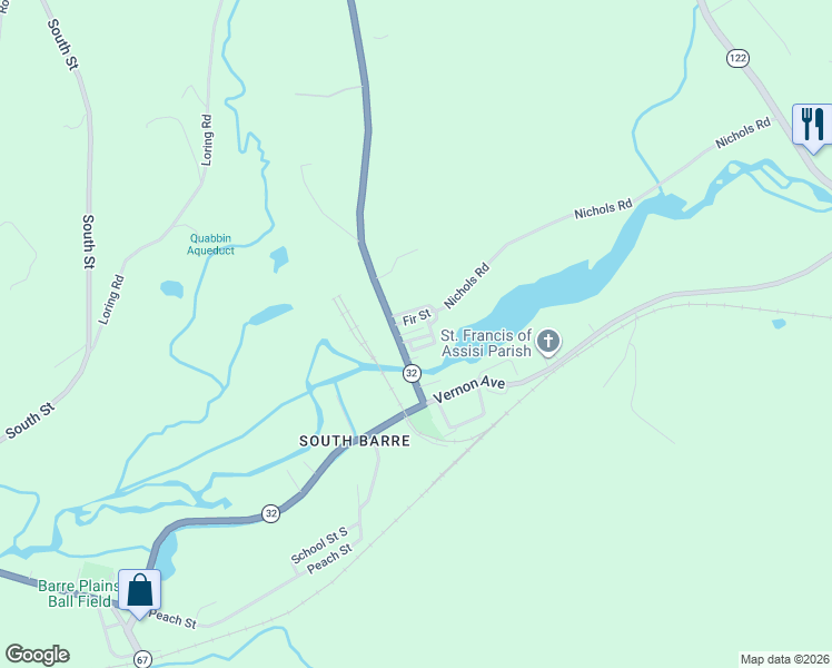 map of restaurants, bars, coffee shops, grocery stores, and more near 16-18 Elm Street in Barre