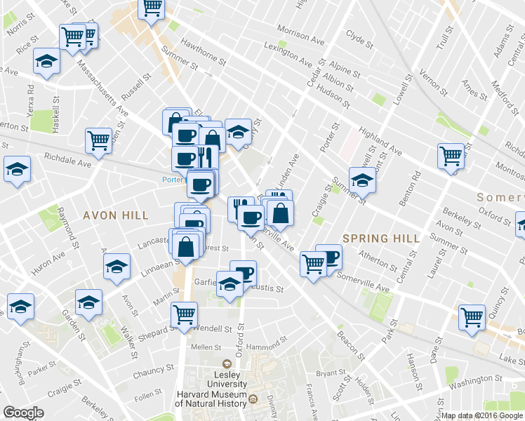 map of restaurants, bars, coffee shops, grocery stores, and more near 36 Elm Street in Somerville