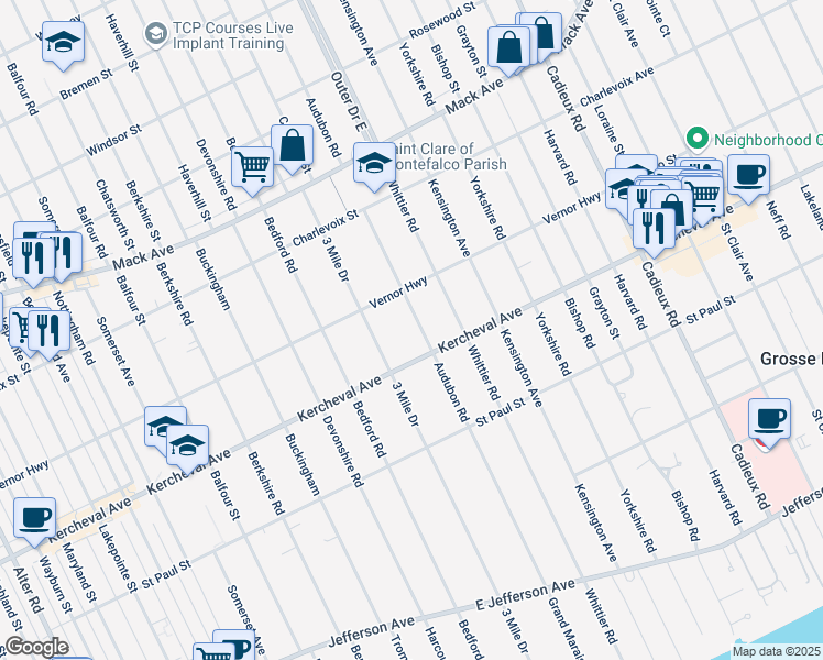 map of restaurants, bars, coffee shops, grocery stores, and more near 1233 Audubon Road in Grosse Pointe Park