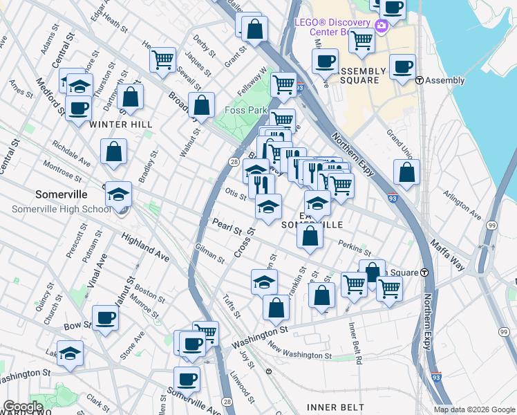 map of restaurants, bars, coffee shops, grocery stores, and more near 7 Ellsworth Street in Somerville