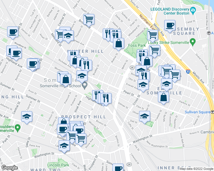 map of restaurants, bars, coffee shops, grocery stores, and more near 202 Pearl Street in Somerville