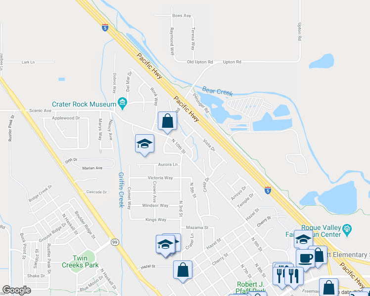 map of restaurants, bars, coffee shops, grocery stores, and more near 1043 Lathrop Drive in Central Point