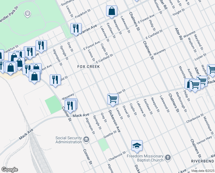 map of restaurants, bars, coffee shops, grocery stores, and more near 4178 Lenox Street in Detroit