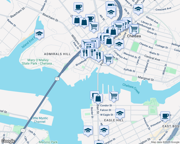 map of restaurants, bars, coffee shops, grocery stores, and more near 5 Winnisimmet Street in Chelsea