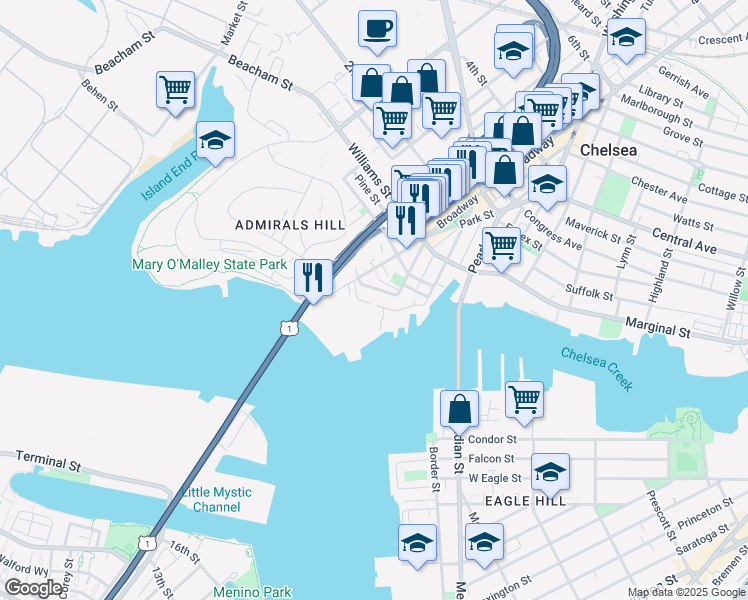 map of restaurants, bars, coffee shops, grocery stores, and more near 22 Front Street in Chelsea