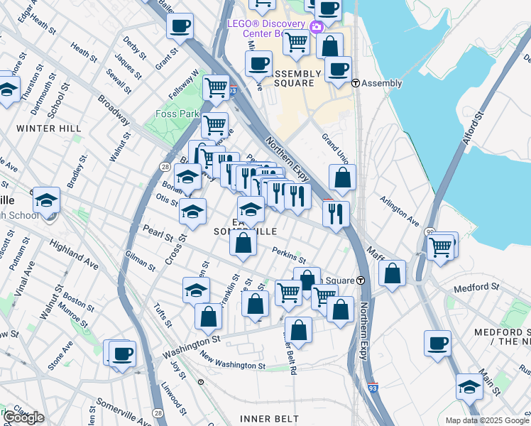 map of restaurants, bars, coffee shops, grocery stores, and more near 80 Broadway in Somerville