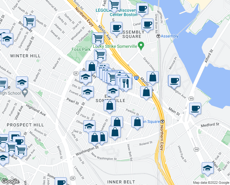 map of restaurants, bars, coffee shops, grocery stores, and more near 10 Cutter Street in Somerville