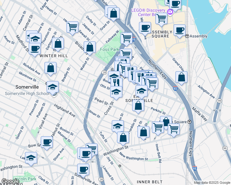 map of restaurants, bars, coffee shops, grocery stores, and more near 7 Ellsworth Street in Somerville