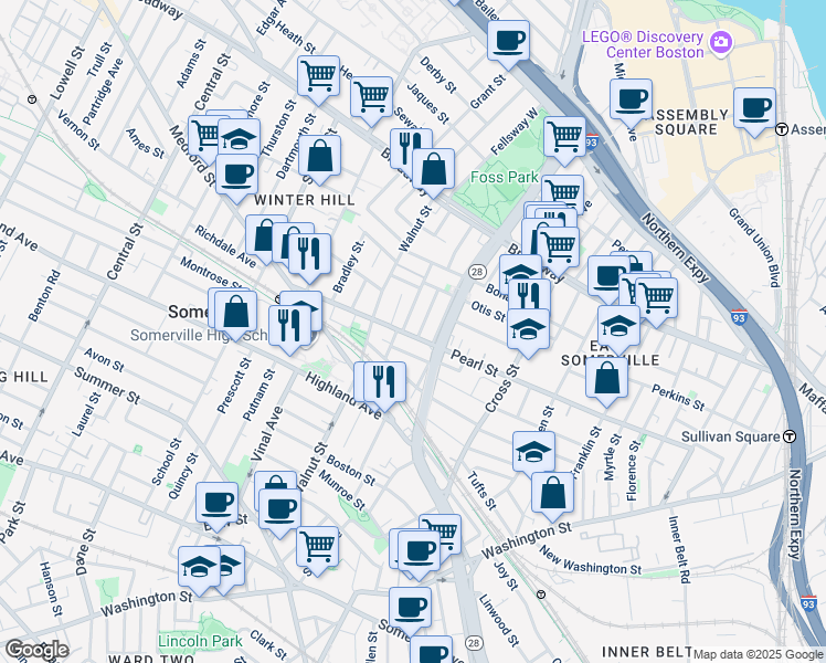 map of restaurants, bars, coffee shops, grocery stores, and more near 5 Wesley Street in Somerville