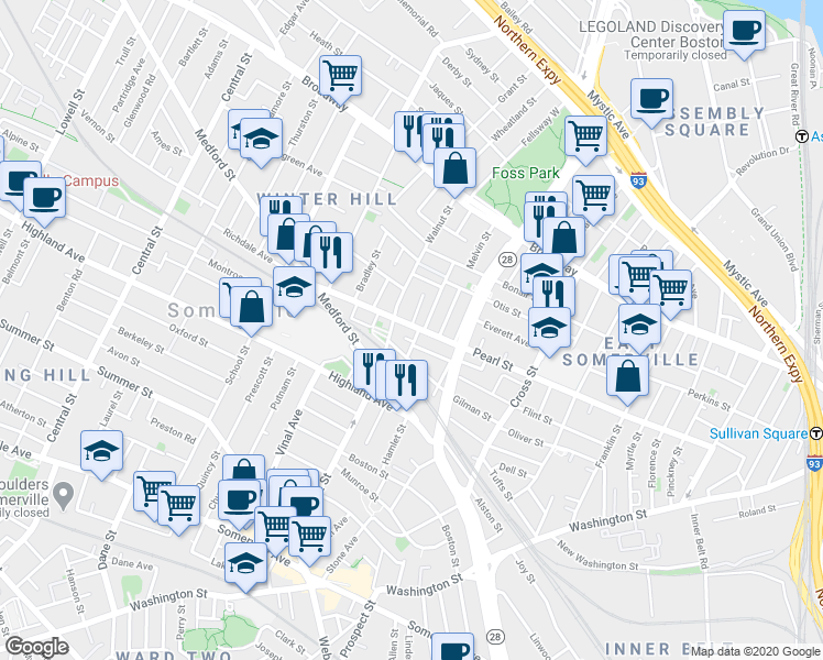 map of restaurants, bars, coffee shops, grocery stores, and more near 202 Pearl Street in Somerville