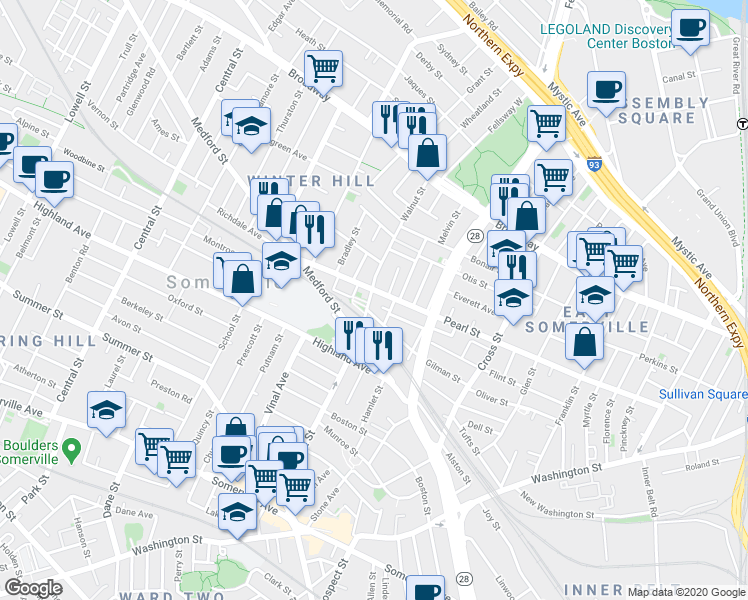 map of restaurants, bars, coffee shops, grocery stores, and more near 202 Pearl Street in Somerville