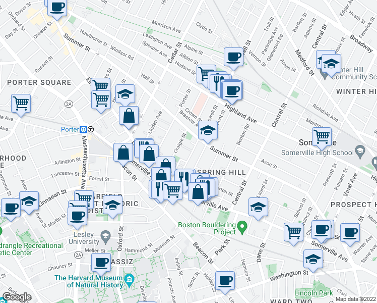 map of restaurants, bars, coffee shops, grocery stores, and more near 74 Lowell Street in Somerville
