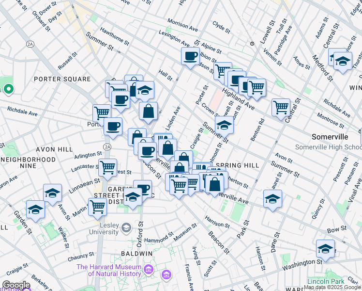 map of restaurants, bars, coffee shops, grocery stores, and more near 42 Craigie Street in Somerville