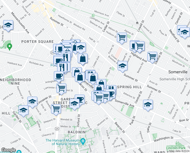 map of restaurants, bars, coffee shops, grocery stores, and more near 16 Porter Street in Somerville