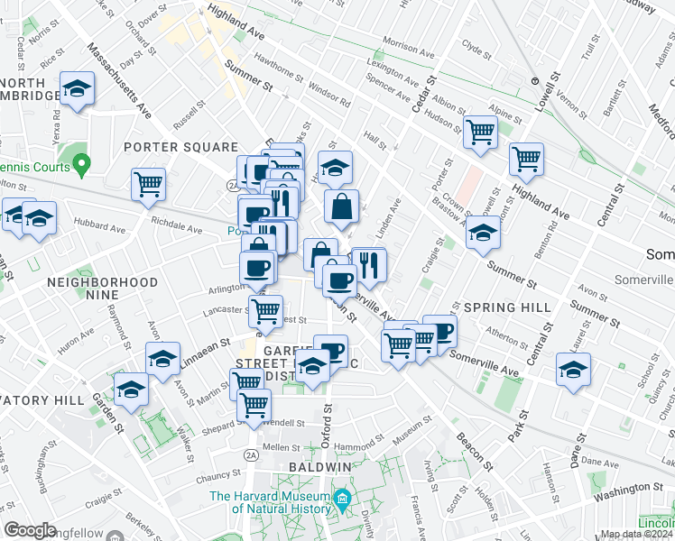 map of restaurants, bars, coffee shops, grocery stores, and more near 769 Somerville Avenue in Somerville