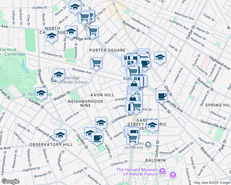 map of restaurants, bars, coffee shops, grocery stores, and more near 7 Walnut Avenue in Cambridge