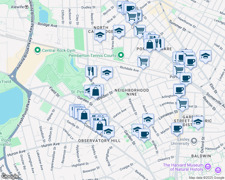map of restaurants, bars, coffee shops, grocery stores, and more near 2 Lincoln Way in Cambridge