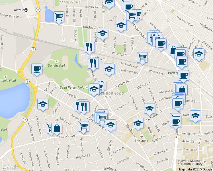 map of restaurants, bars, coffee shops, grocery stores, and more near 225 Walden Street in Cambridge