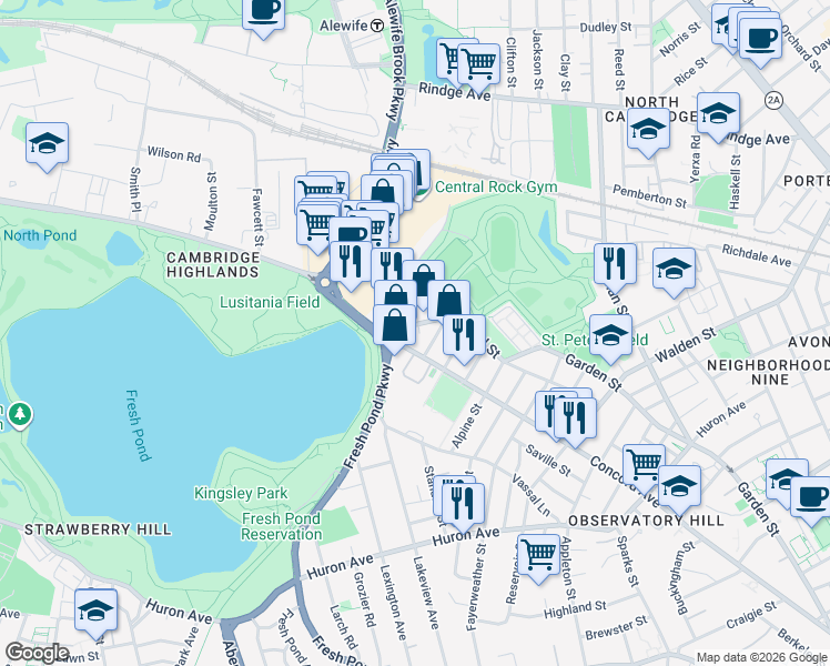 map of restaurants, bars, coffee shops, grocery stores, and more near 483 Concord Avenue in Cambridge