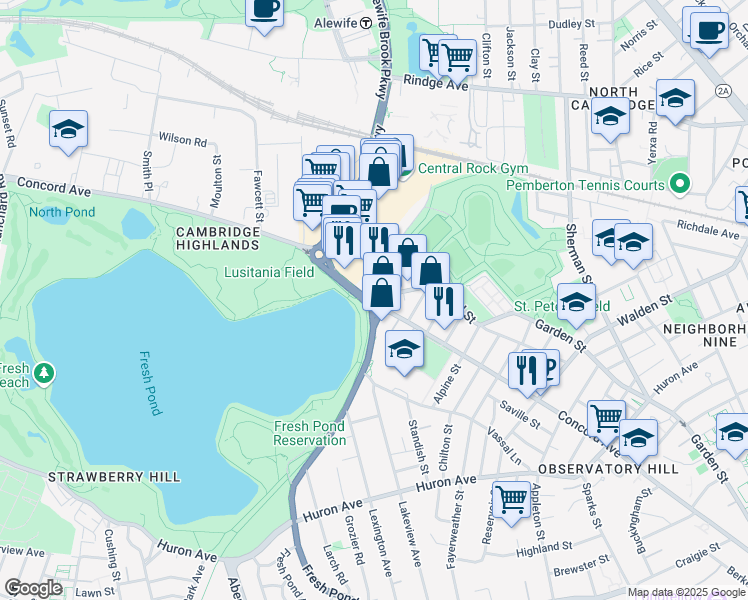map of restaurants, bars, coffee shops, grocery stores, and more near 483 Concord Avenue in Cambridge