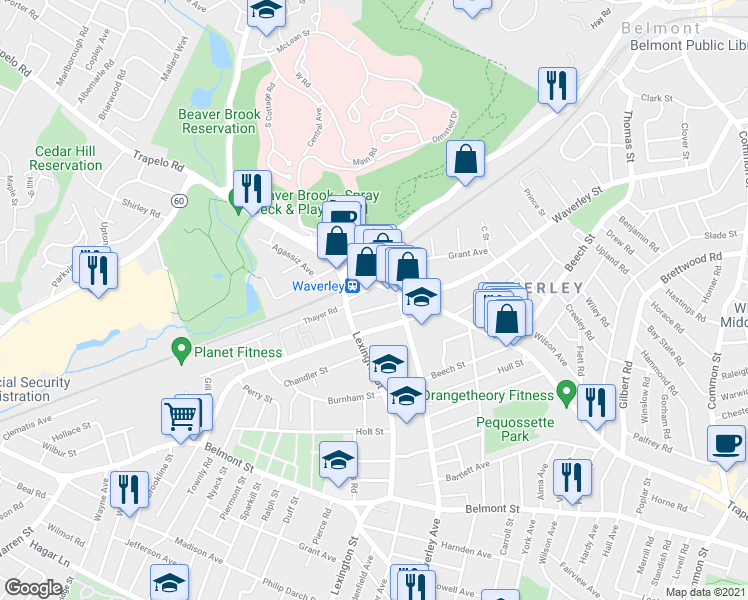 map of restaurants, bars, coffee shops, grocery stores, and more near 14 Thayer Street in Belmont