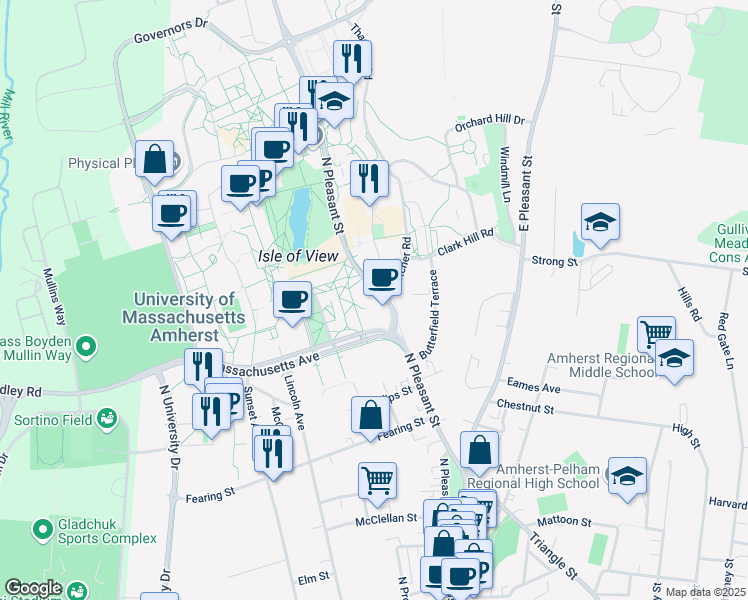 map of restaurants, bars, coffee shops, grocery stores, and more near 496 N Pleasant St in Amherst
