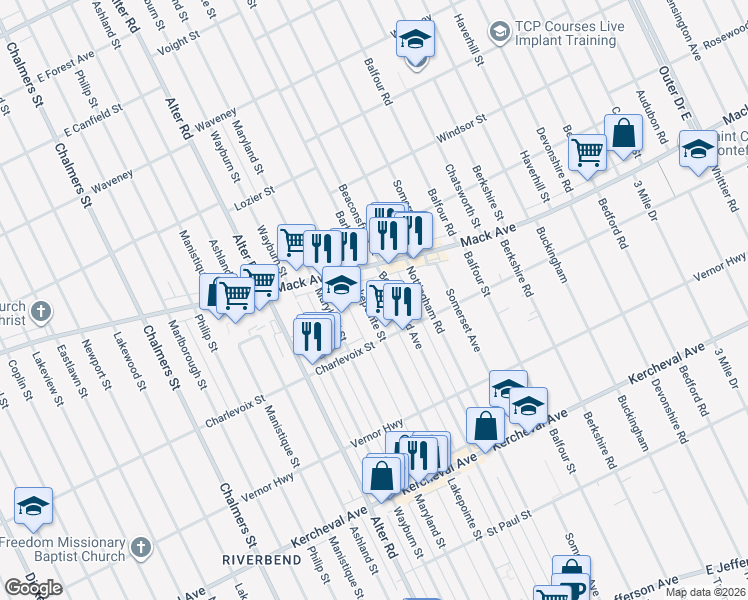 map of restaurants, bars, coffee shops, grocery stores, and more near 1439 Beaconsfield Avenue in Grosse Pointe Park