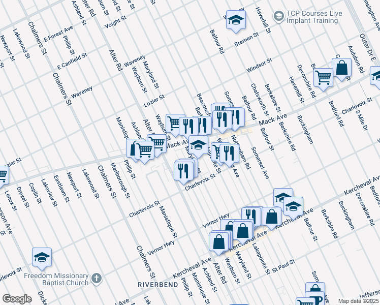 map of restaurants, bars, coffee shops, grocery stores, and more near 1473 Maryland Street in Grosse Pointe Park