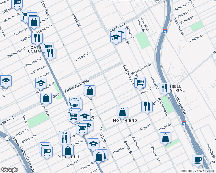 map of restaurants, bars, coffee shops, grocery stores, and more near 9429 Brush Street in Detroit