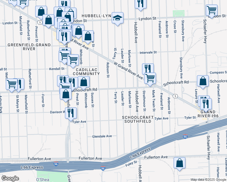 map of restaurants, bars, coffee shops, grocery stores, and more near 13415 Terry Street in Detroit