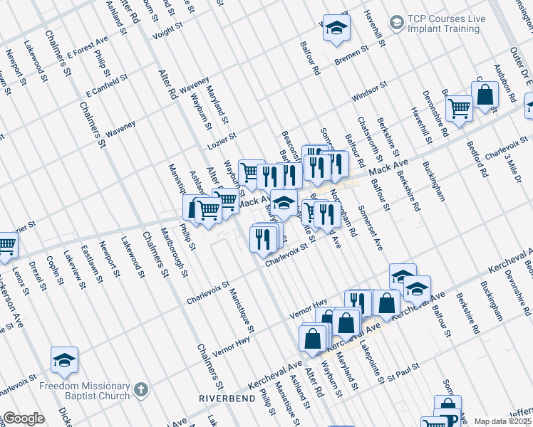 map of restaurants, bars, coffee shops, grocery stores, and more near 1473 Maryland Street in Grosse Pointe Park