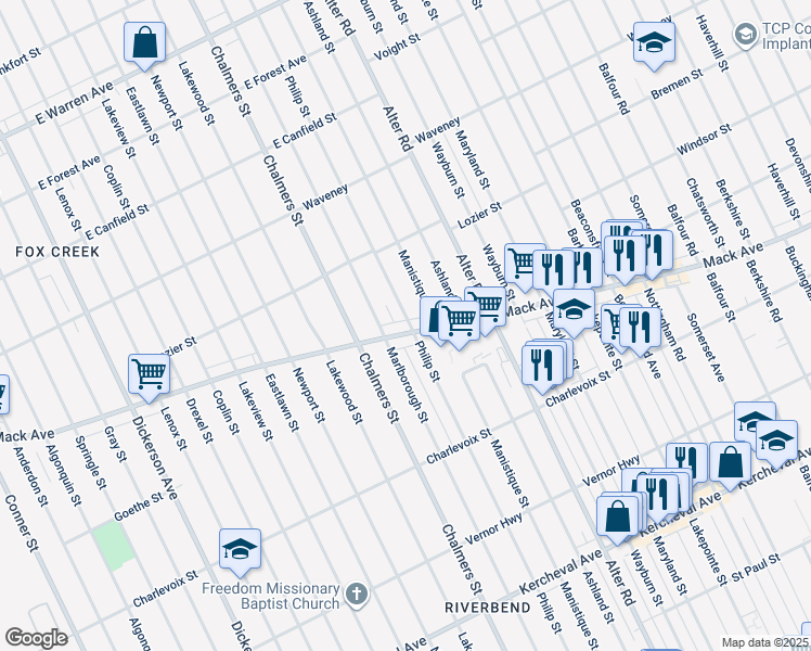map of restaurants, bars, coffee shops, grocery stores, and more near 14517 Mack Avenue in Detroit