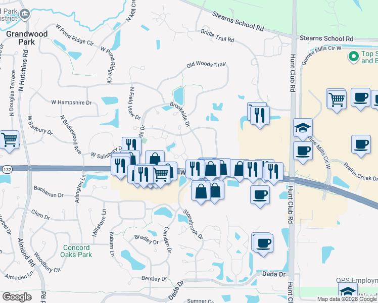 map of restaurants, bars, coffee shops, grocery stores, and more near 36123 North New Bridge Court in Gurnee