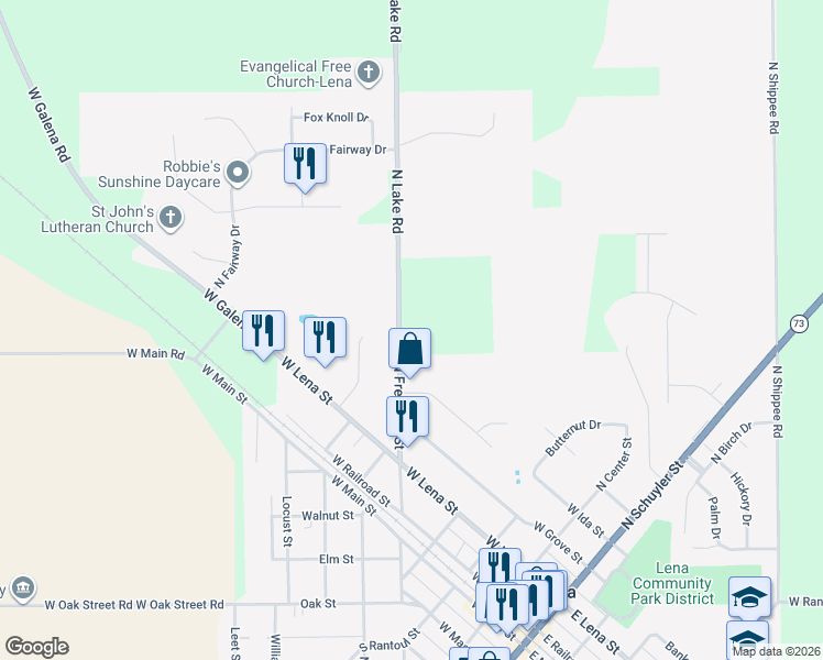 map of restaurants, bars, coffee shops, grocery stores, and more near 6037 North Lake Road in Lena