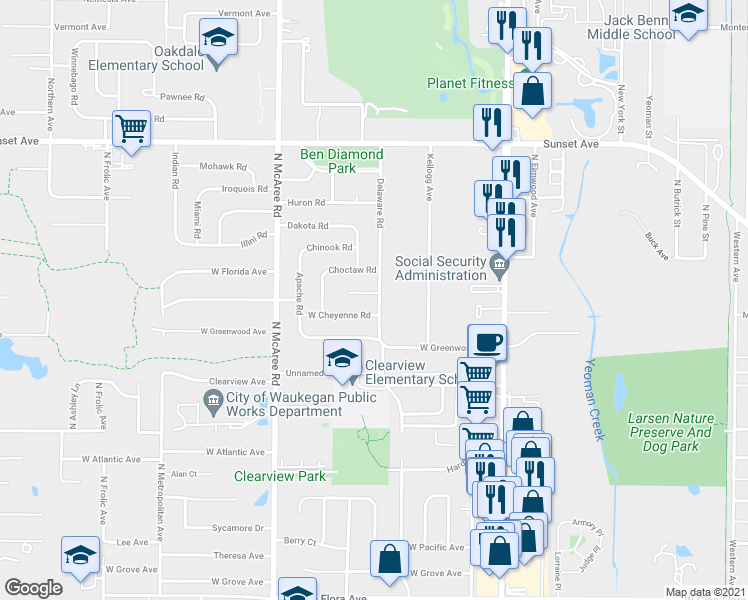 map of restaurants, bars, coffee shops, grocery stores, and more near 1902 Delaware Road in Waukegan