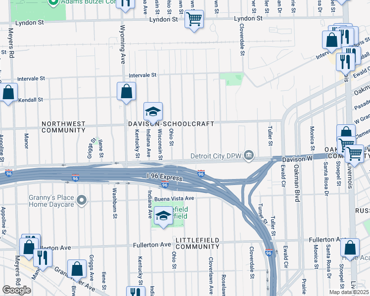 map of restaurants, bars, coffee shops, grocery stores, and more near 13550 Cherrylawn Street in Detroit