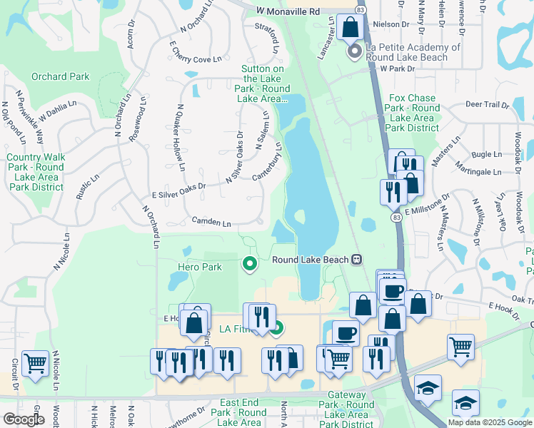 map of restaurants, bars, coffee shops, grocery stores, and more near 2147 North Camden Lane in Round Lake